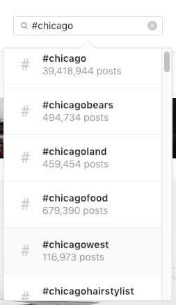 Local hashtags on Instagram starting with Chicago