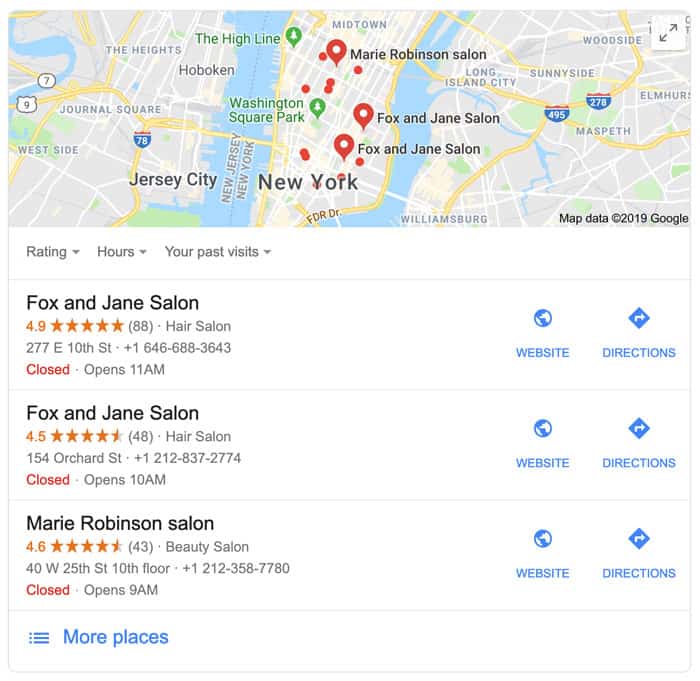 Google result for salons in New York