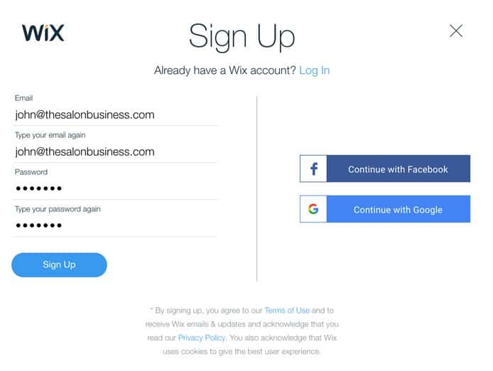 Sign up to Wix for salons