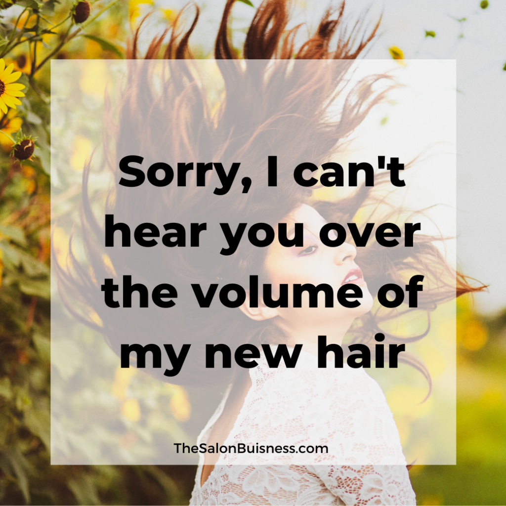 Brunette woman flipping hair. Quote about volume. 