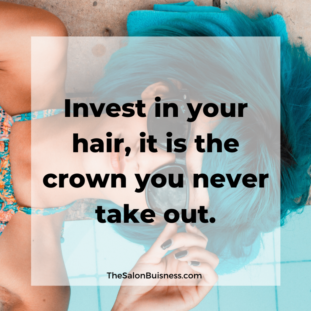 Woman with blue hair and sunglasses lying down - quote about taking care of your hair. 