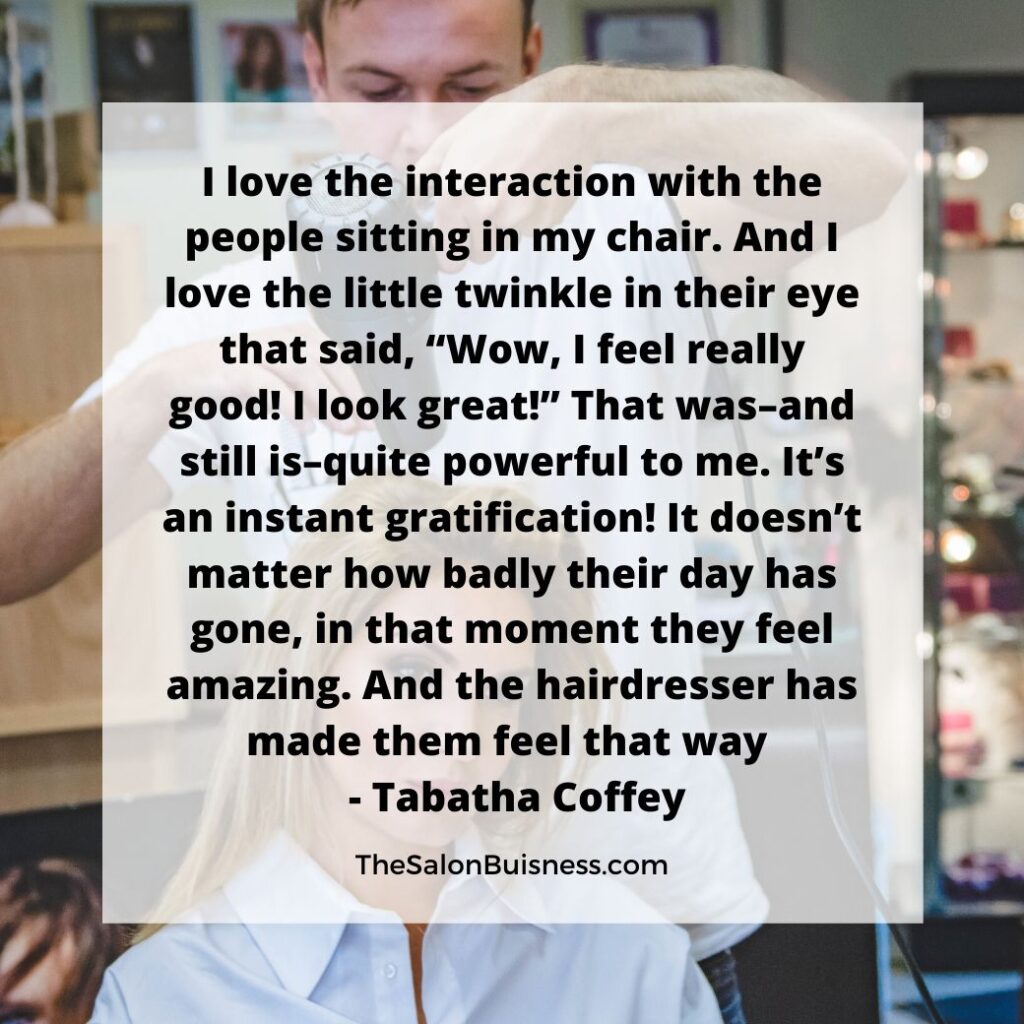 Man blowdrying blonde woman hair - quote by Tabatha Coffey 