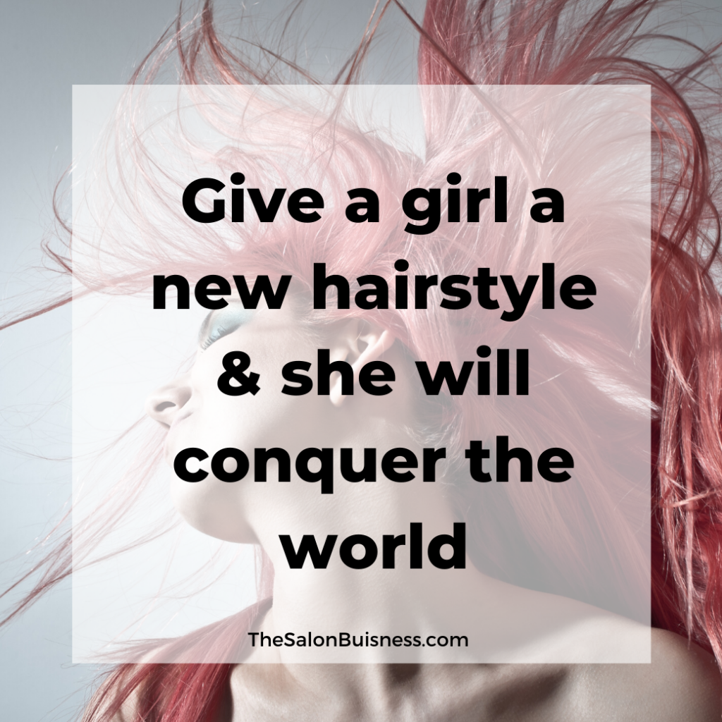 Woman with pink hair flipping hair. Quote about a new hairstyle. 