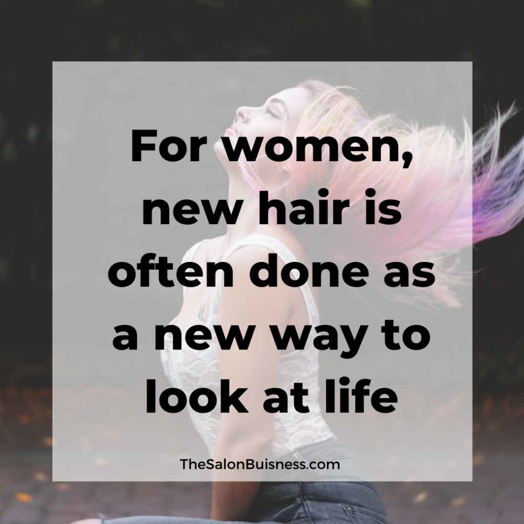 Women with pink & purple hair flipping her hair. Quote about new hair. 