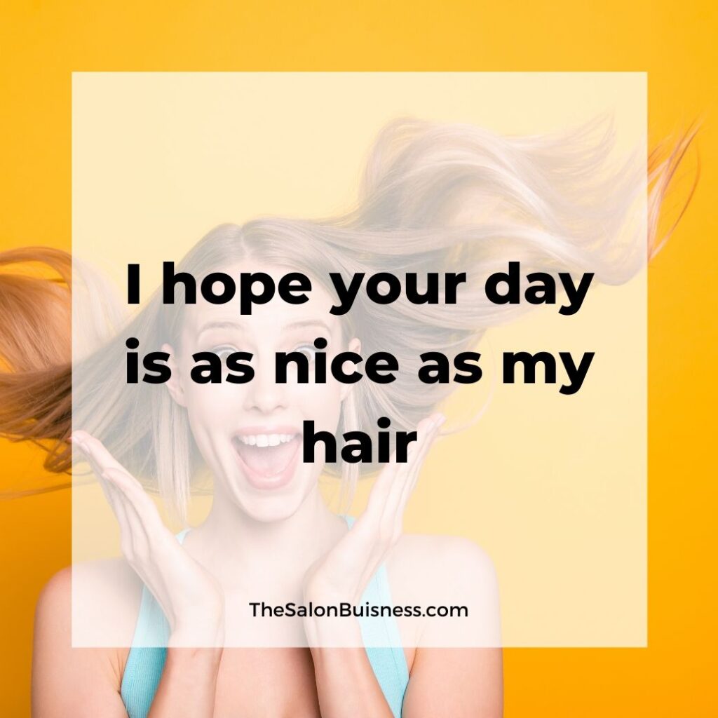 Funny good hair quote - spunky blond throwing hair back - yellow background