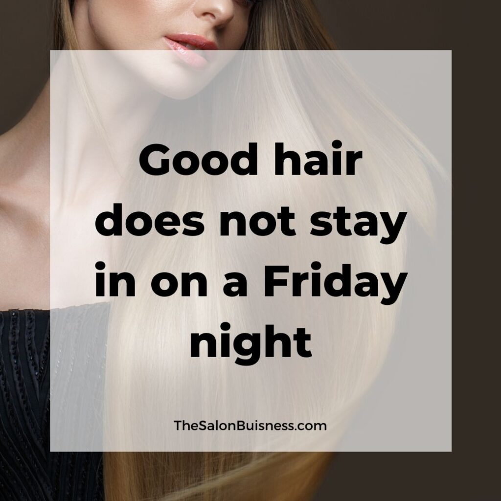 Good hair quote - woman in black dress with smooth & silky long blond hair & peach lipstick 