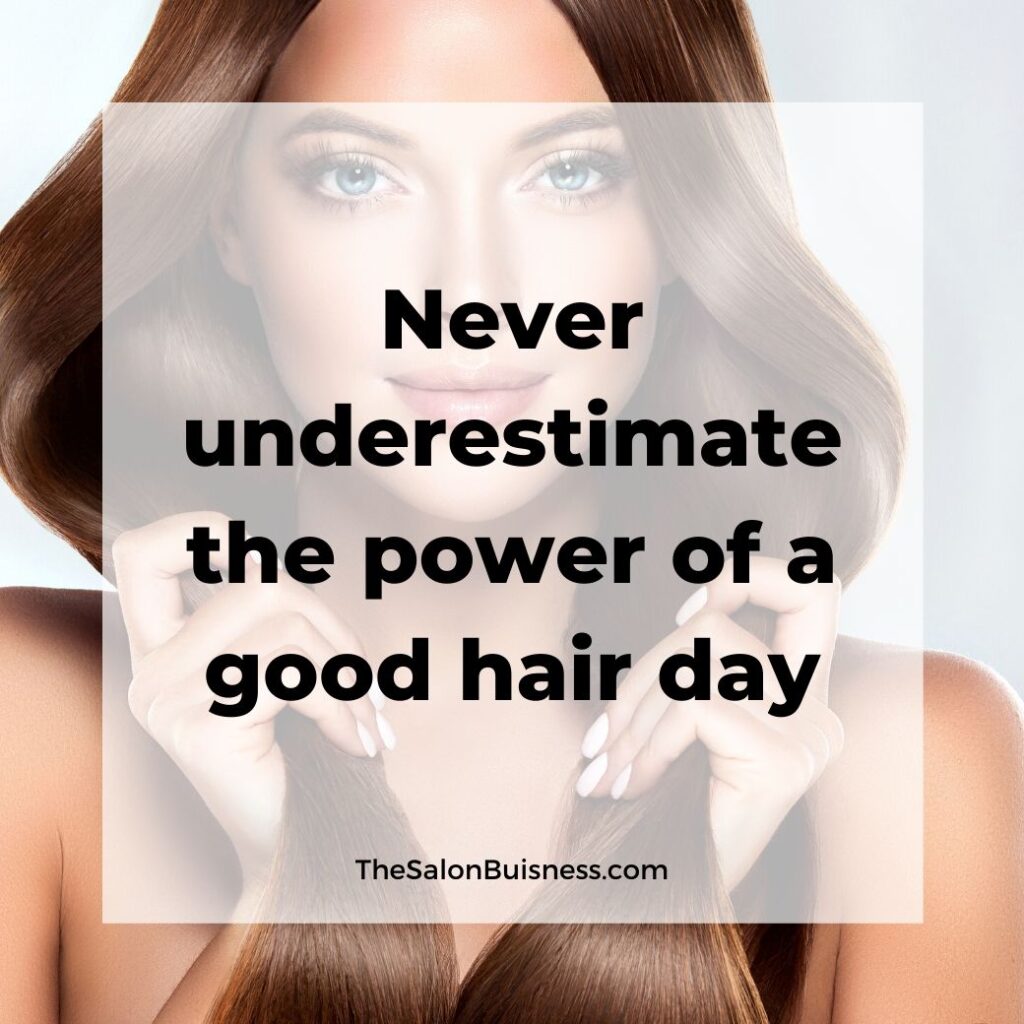 Good hair quote - woman with silky brown hair holding hair in two sections 