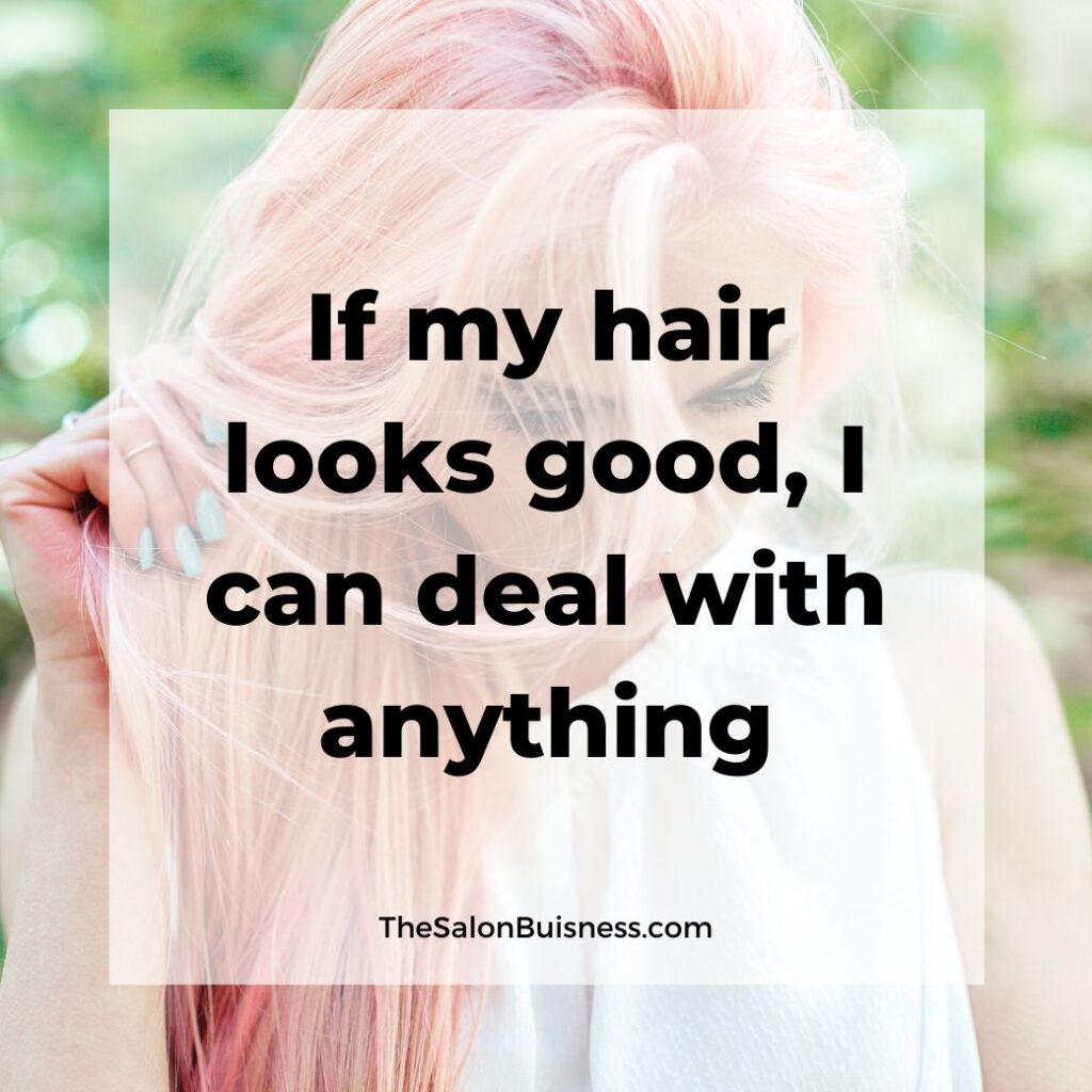 Good hair quotes - woman with pink hair & light green nails holding hair & looking down