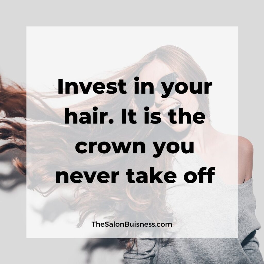 Hair care quotes -  woman wearing sunglasses with curled brown hair laughing in grey off the shoulder sweater