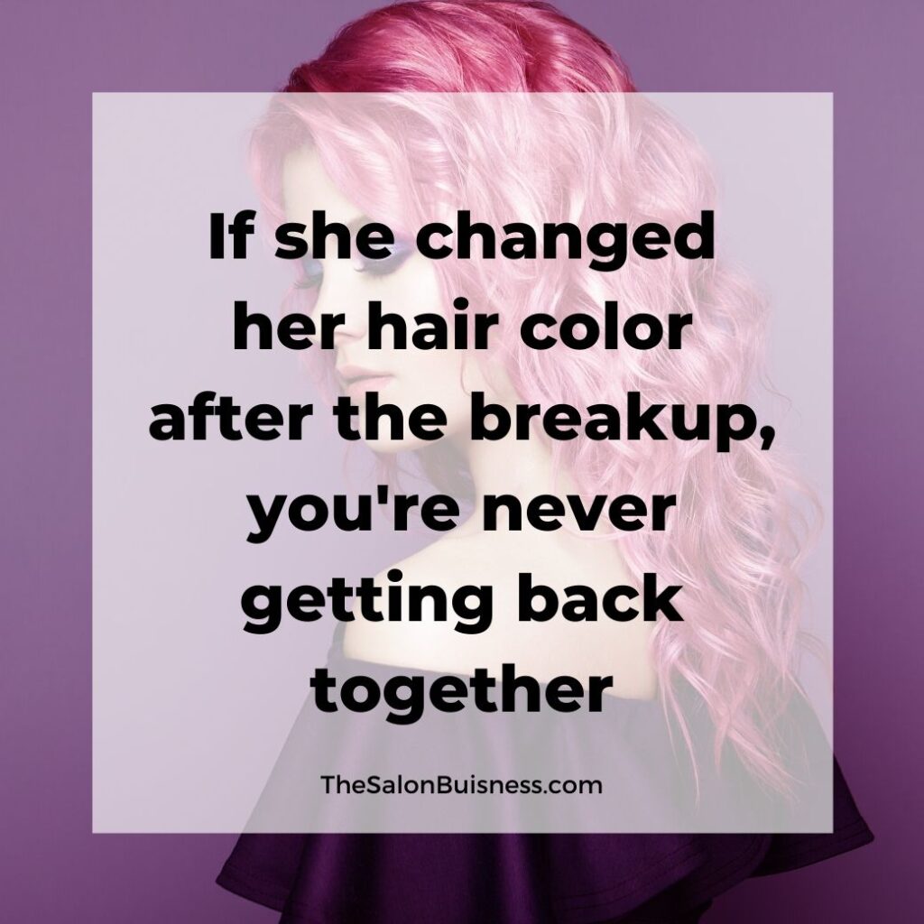Hair color quotes - woman with long wavy pink hair looking down - purple background