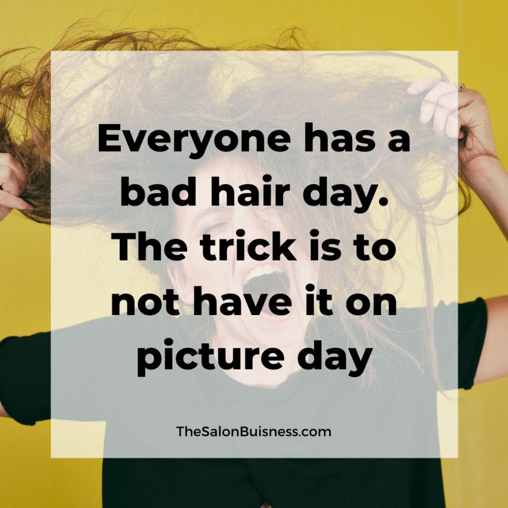 Relatable bad hair day quotes - woman holding messy brown hair screaming - yellow background