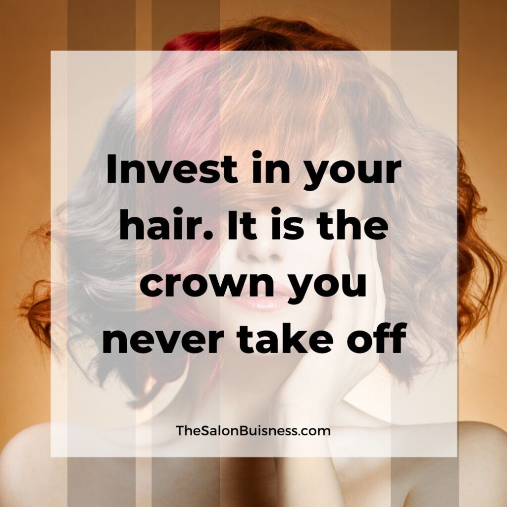 hair care quotes  - woman with short black, red, orange, & brown hair with one hand on face - orange background
