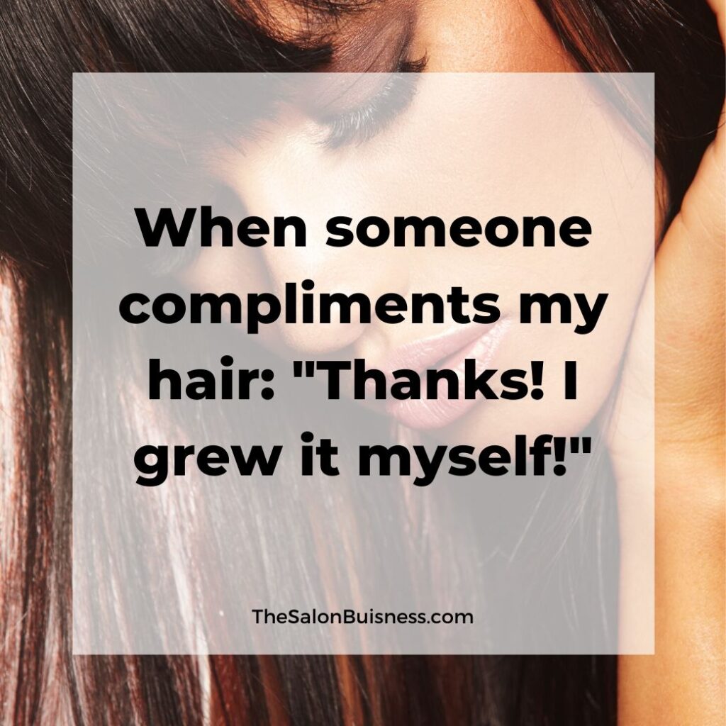  hair compliments quotes   -  woman with brown hair and bangs looking down 