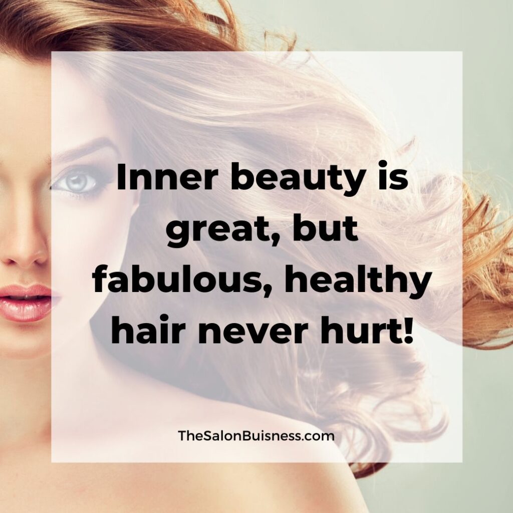 inspiring hair care quotes  - woman with curled blond hair blowing back - light green background