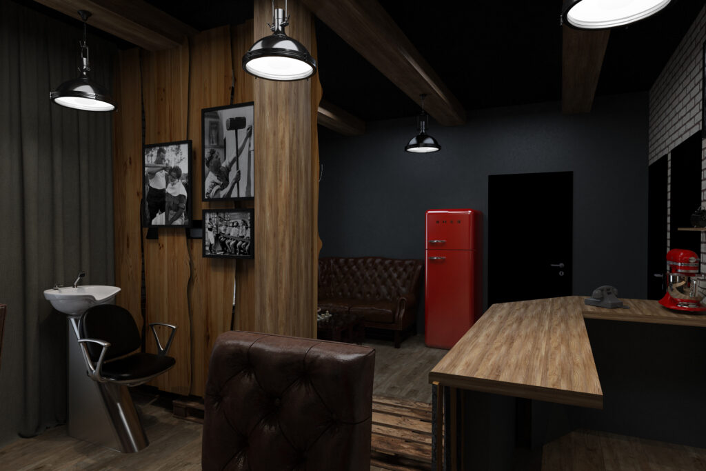 cabin style barbershop with wood panels & brick walls & antique style. Red & black color scheme with black & white photos on wall. 