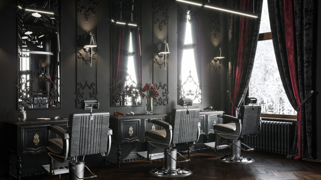 Gothic victorian barbershop  - black themed room with & red & black curtains with flowers & carvings on wall