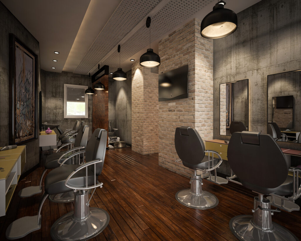 Brick & cement themed barbershop with brown paneled floor & circular chairs 