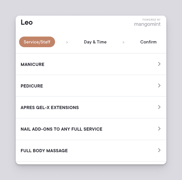 Leo booking powered by Mangomint