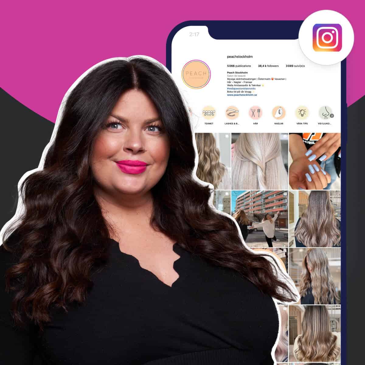 a salon owner in front of an example of an Instagram hair salon account