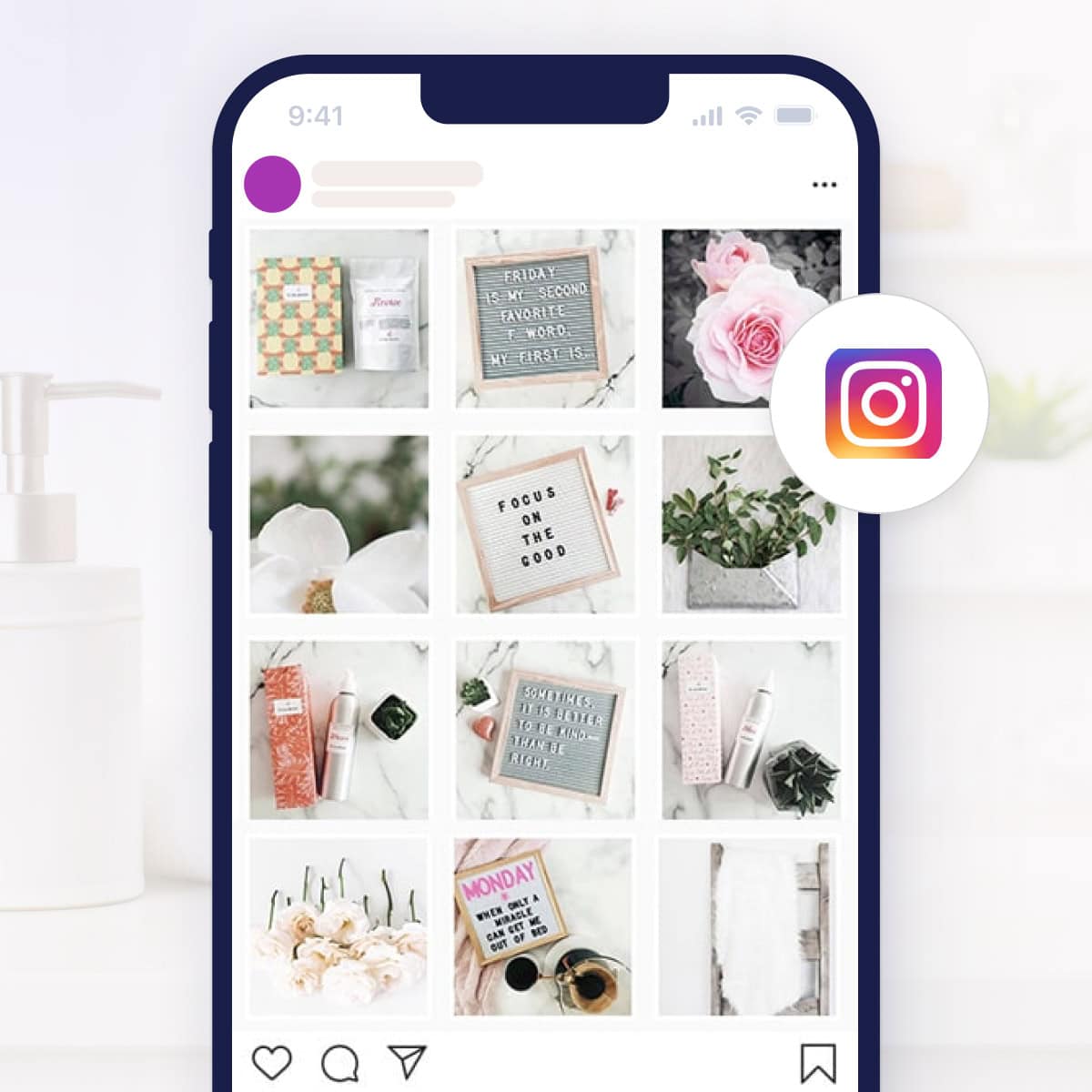 smartphone with Instagram grid of salon topics